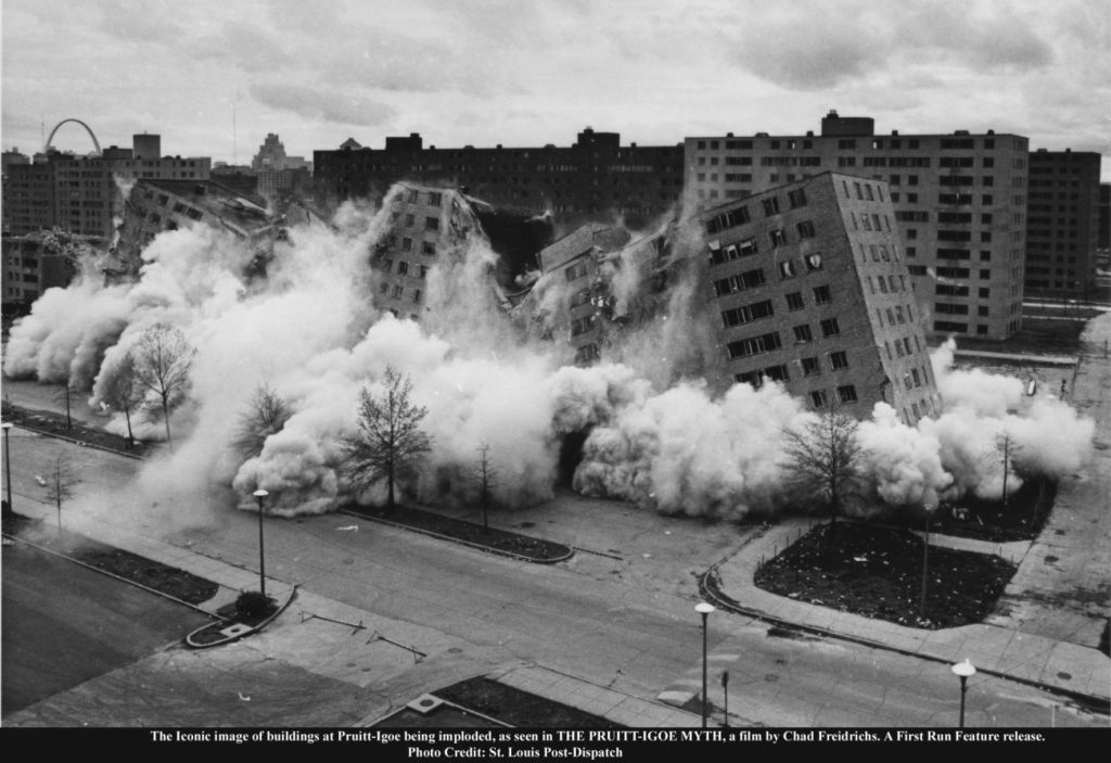 The Iconic image of buildings at Pruitt-Igoe being imploded, as seen in THE PRUITT-IGOE MYTH, a film by Chad Freidrichs. A First Run Feature release. Photo Credit: St. Louis Post-Dispatch